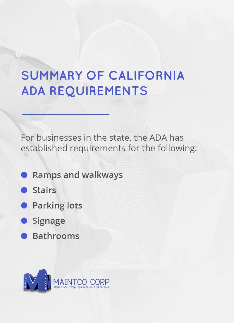 The ADA has requirements for ramps, walkways, stairs, parking lots, signs, and bathrooms