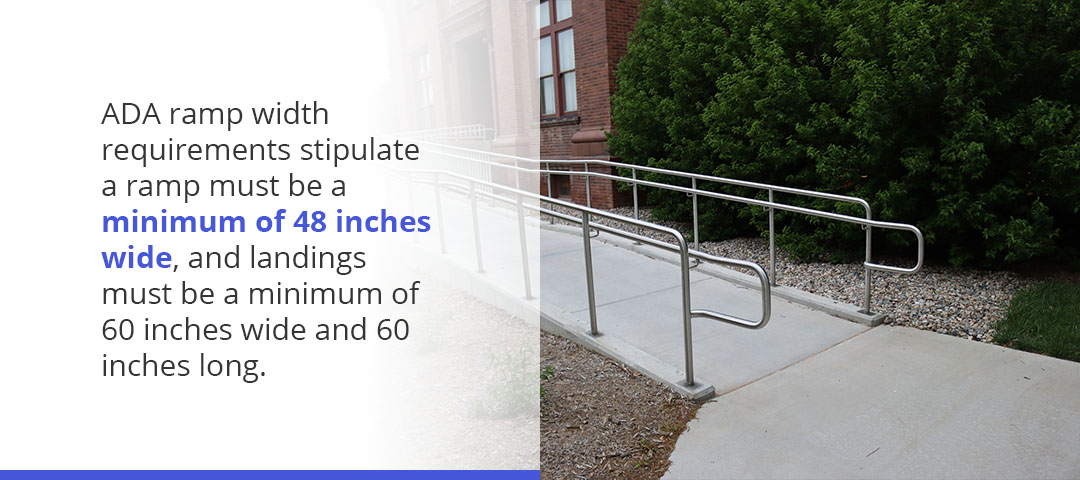 ADA ramps must be 48 inches wide and their landings must be 60 inches wide by 60 inches long