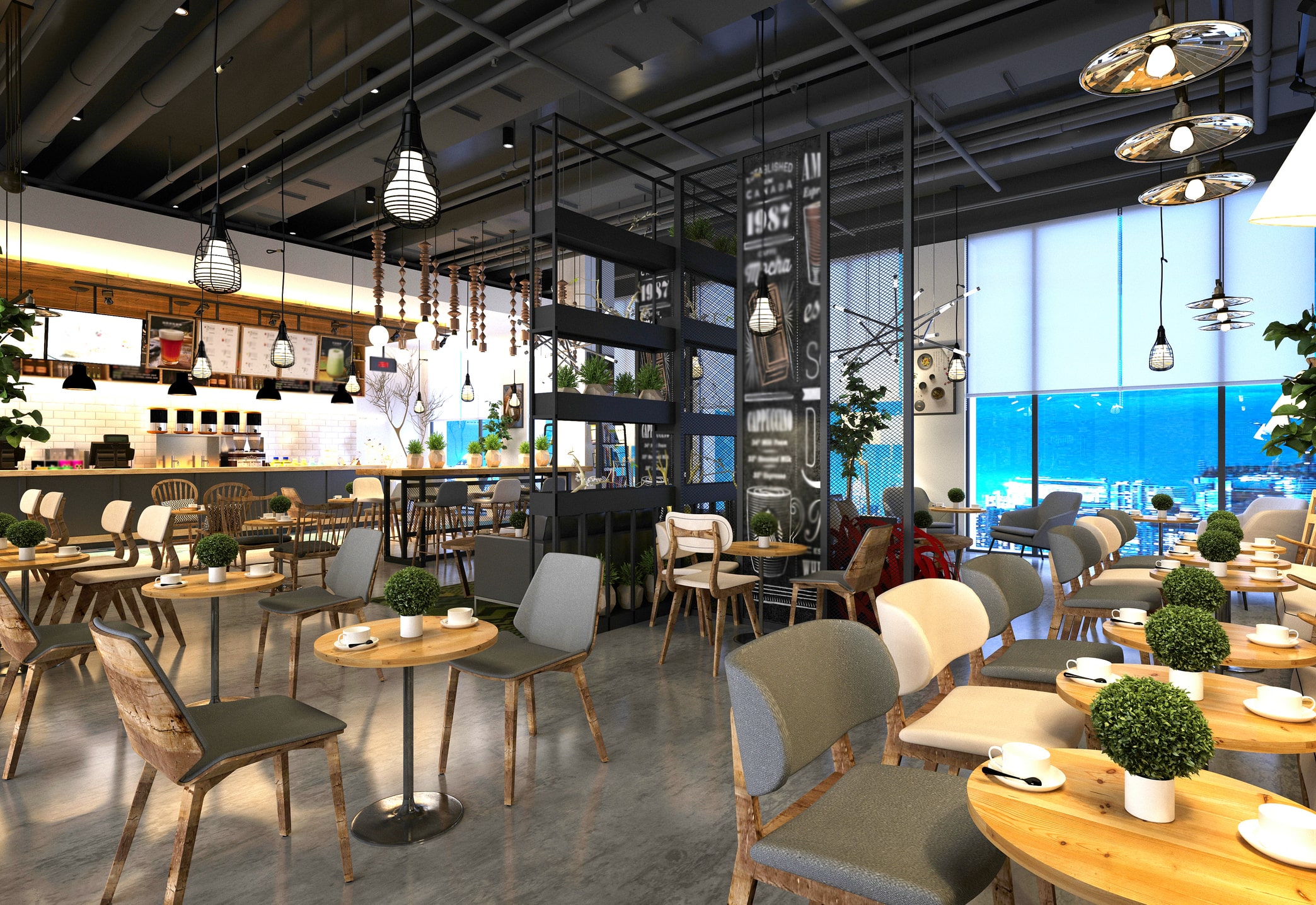 The interior of a modern restaurant with a seaside view