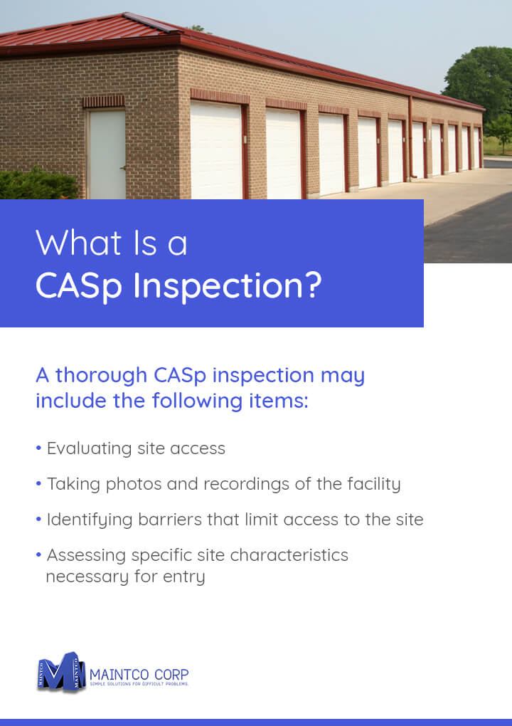 A thorough CASp inspection includes evaluating site access, taking photos, and identifying barriers